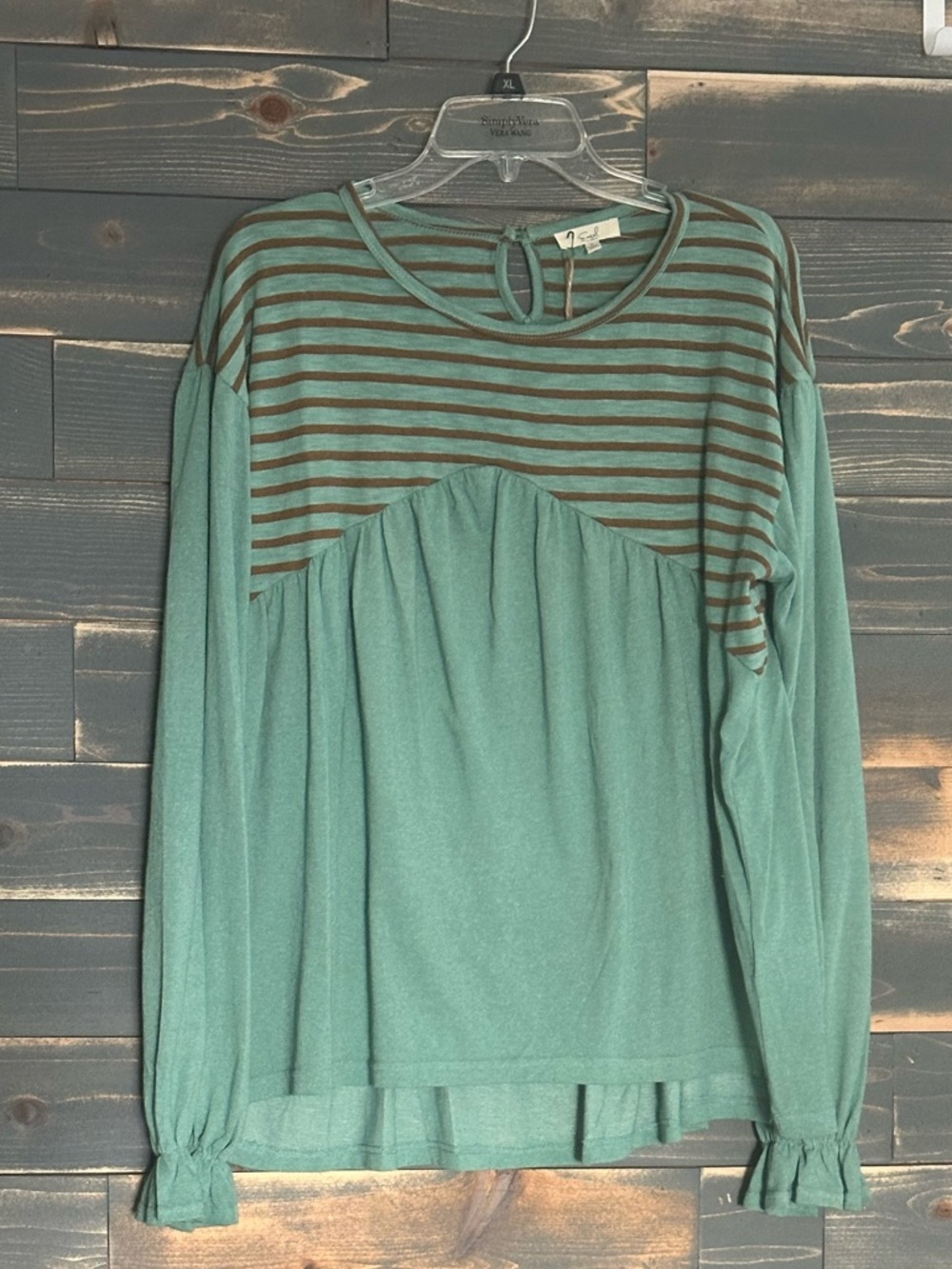 easel Striped Yoke Long-Sleeve Top in Seafoam and Brown